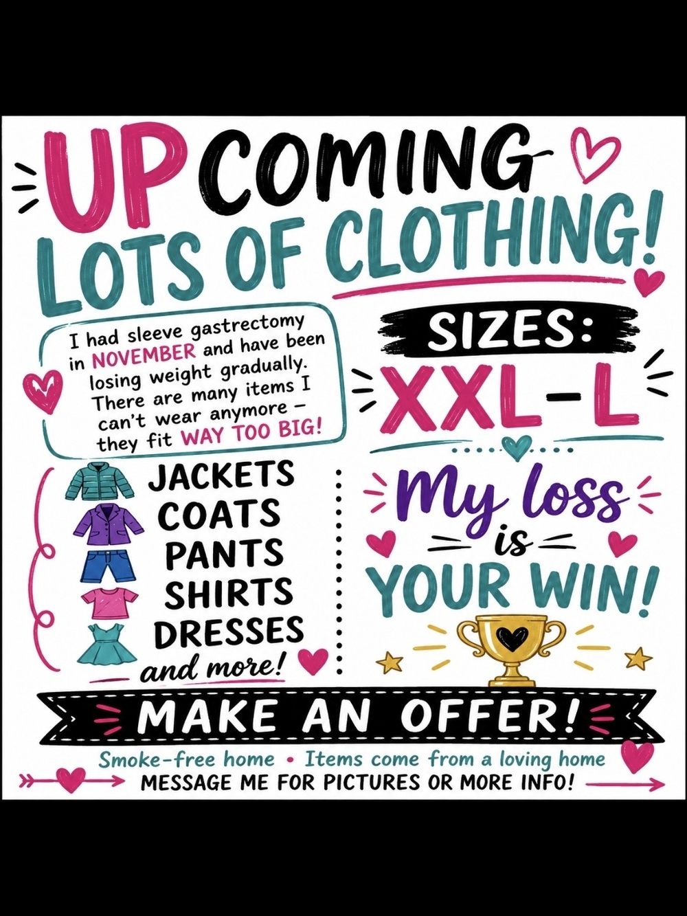 Colorful 'Lots of Clothing' Sale Sign - Teal, Pink, Black
